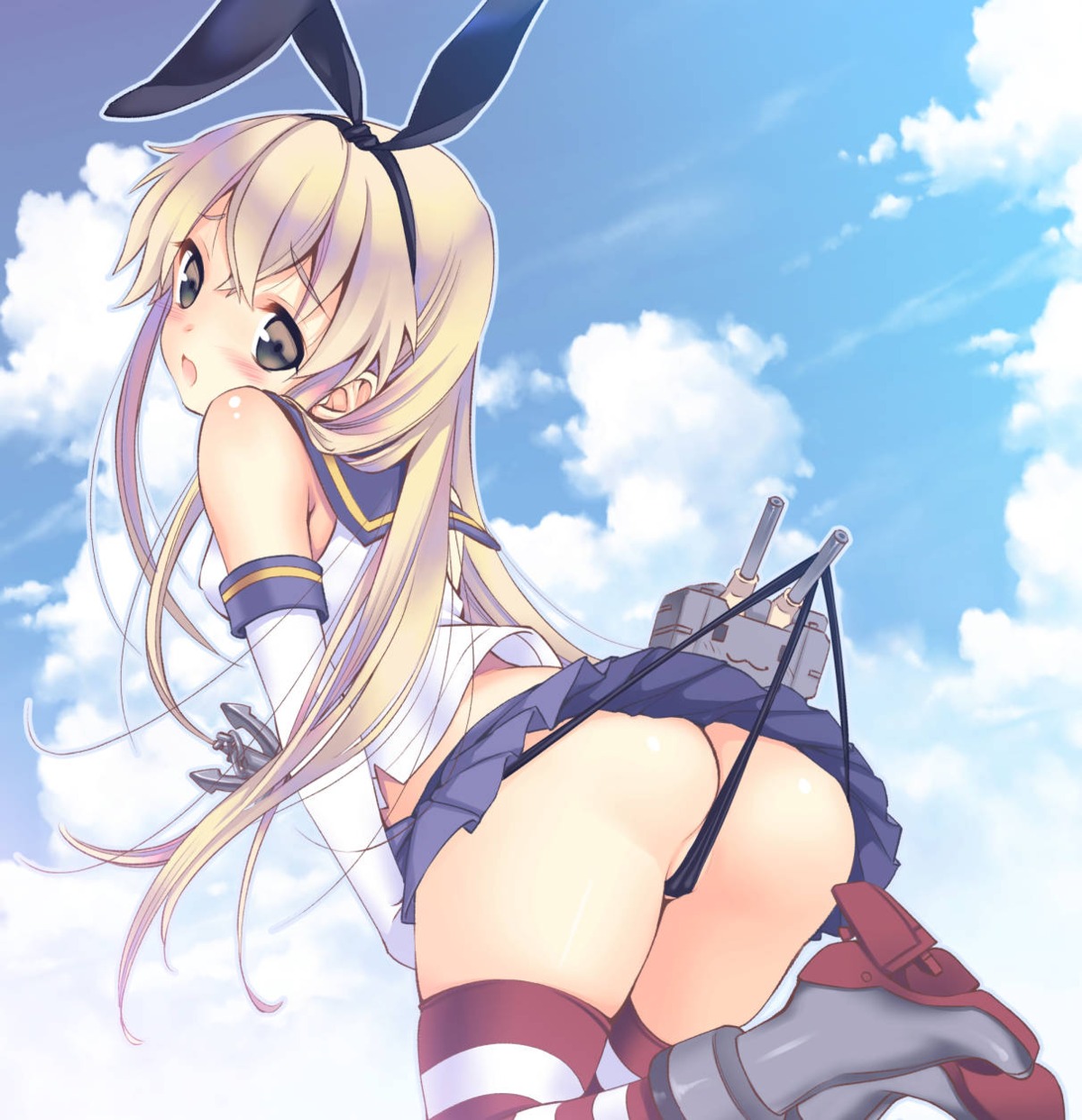 ass jpeg_artifacts kantai_collection pantsu panty_pull shimakaze_(kancolle) thighhighs ukita_tougo