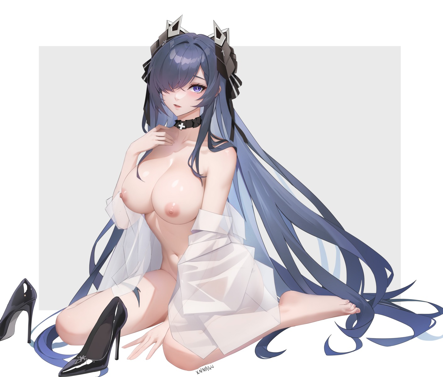 august_von_parseval_(azur_lane) azur_lane breasts heels horns nipples no_bra open_shirt see_through syngeloussier