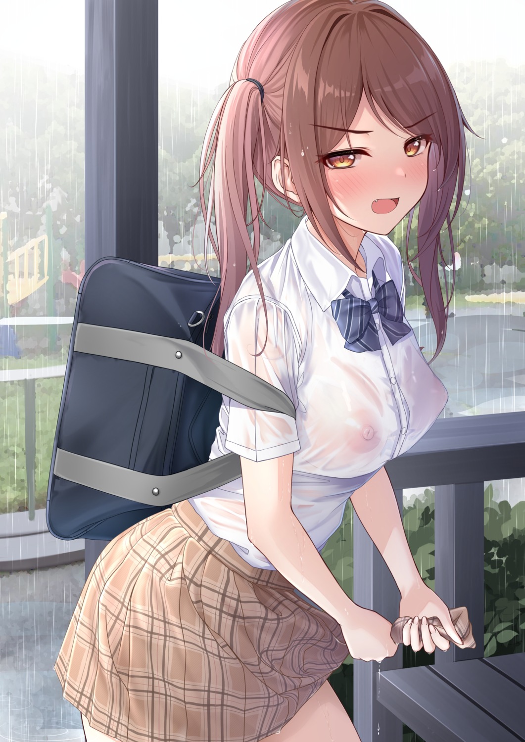 monaka_curl nipples no_bra see_through seifuku skirt_lift wet wet_clothes