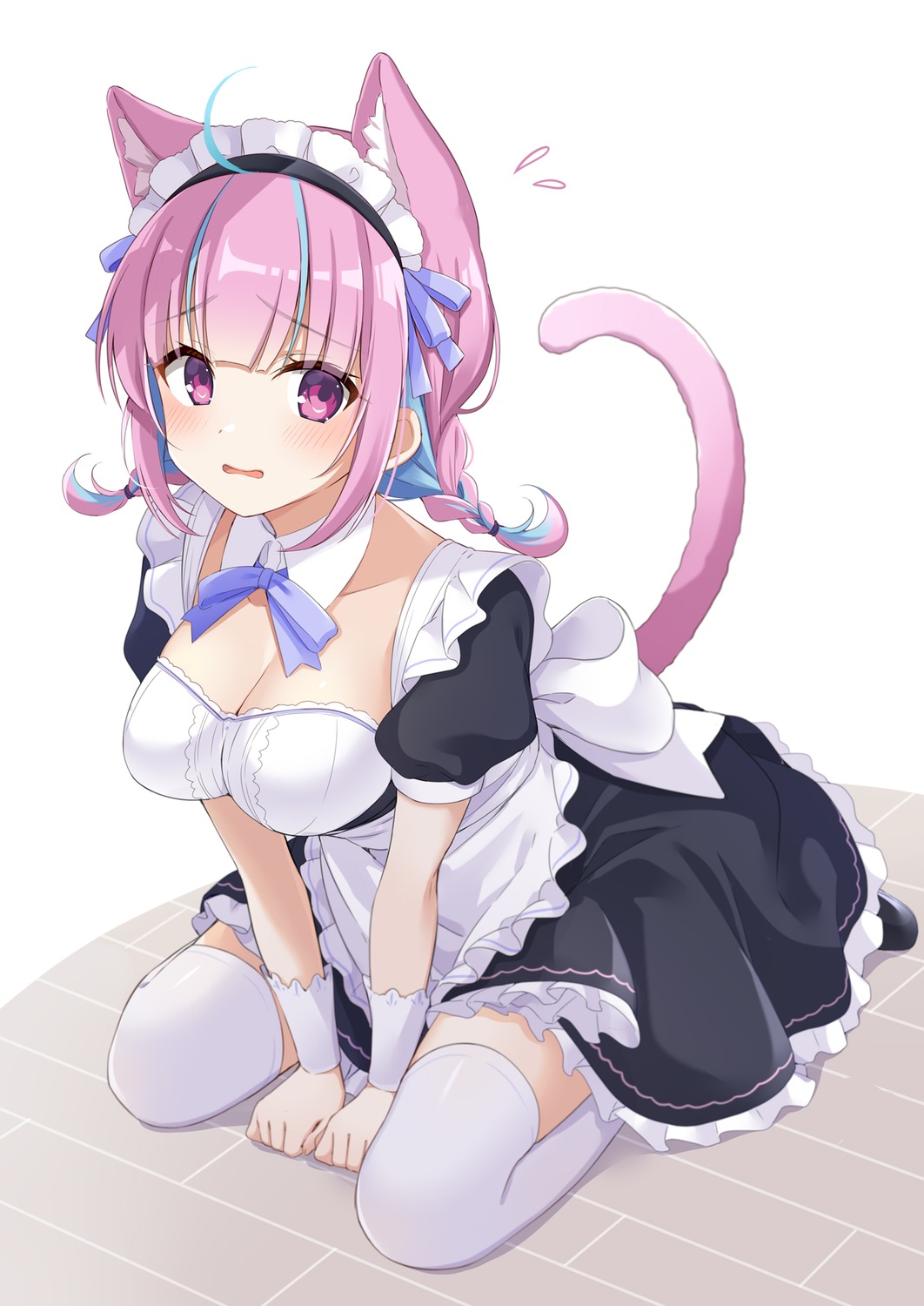 animal_ears cleavage hololive maid minato_aqua nekomimi no_bra sasado_serori tail thighhighs