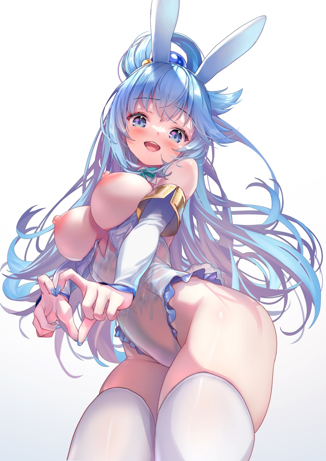 animal_ears aqua_(konosuba) breasts bunny_ears bunny_girl hong_(white_spider) kono_subarashii_sekai_ni_shukufuku_wo! nipples no_bra see_through tail thighhighs