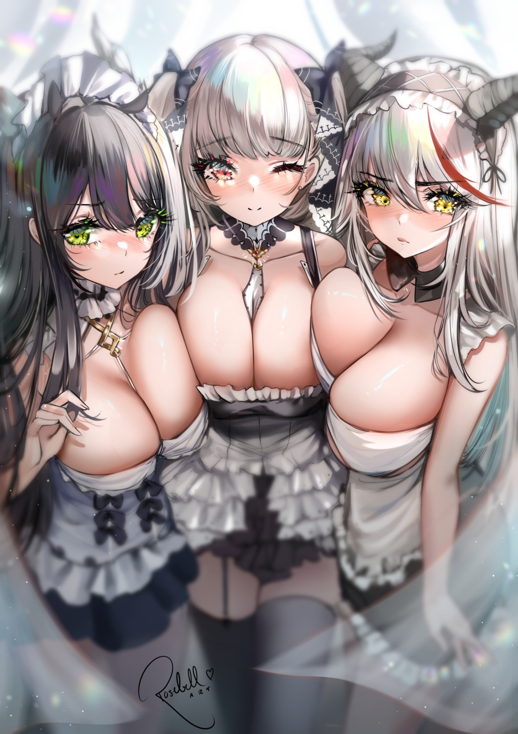 aegir_(azur_lane) azur_lane formidable_(azur_lane) gothic_lolita horns indomitable_(azur_lane) lolita_fashion maid no_bra rosebell stockings symmetrical_docking thighhighs