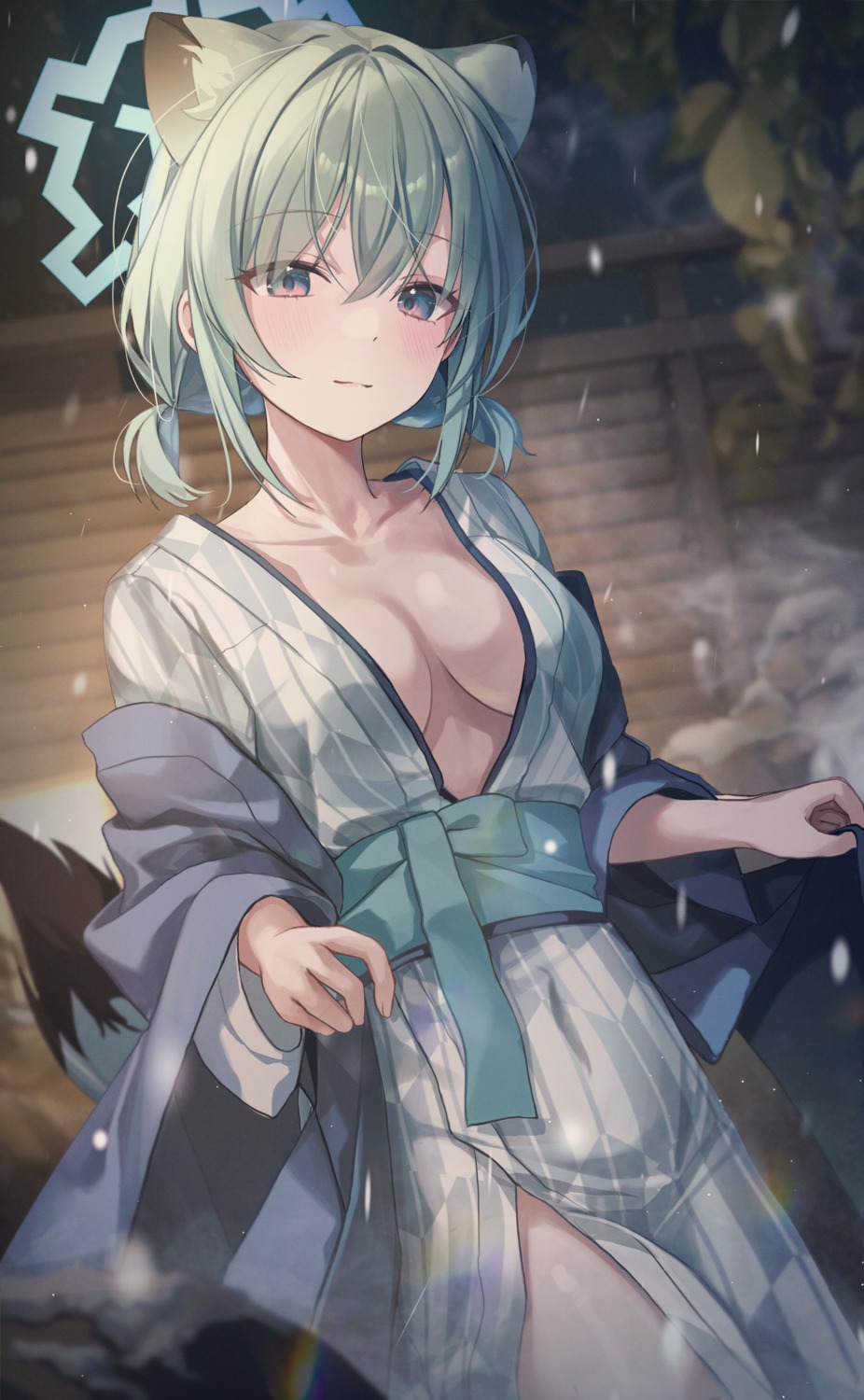 animal_ears blue_archive halo mayoi_shigure myowa no_bra open_shirt tail yukata