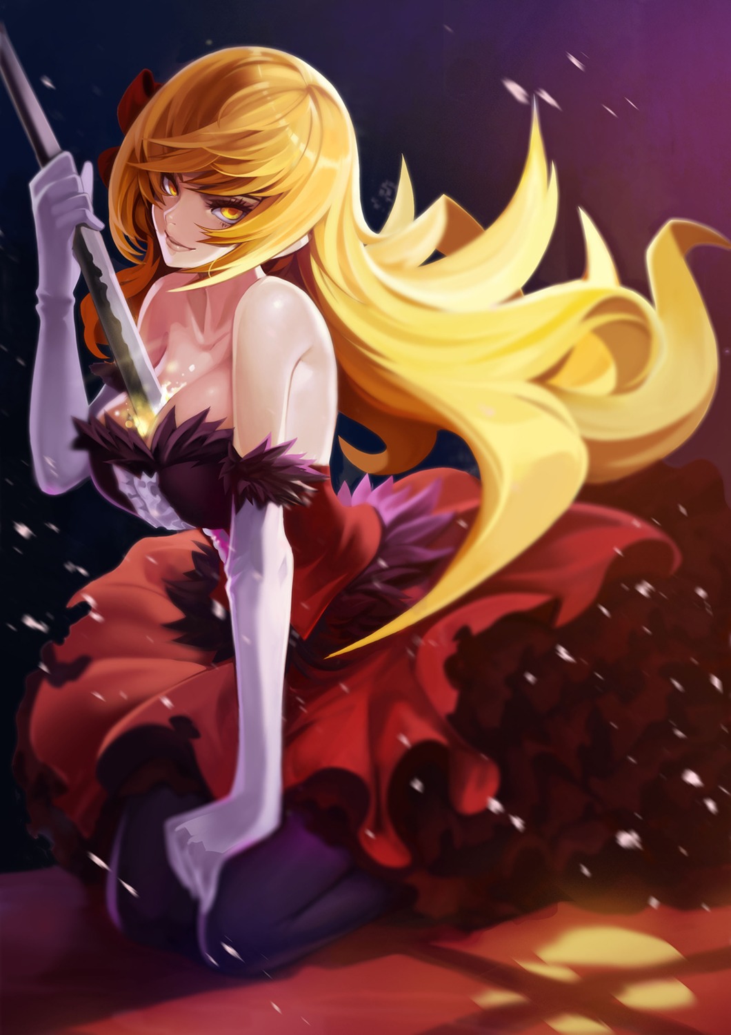 bakemonogatari cleavage dress goomrrat kissshot_acerolaorion_heartunderblade monogatari_(series) no_bra pantyhose sword