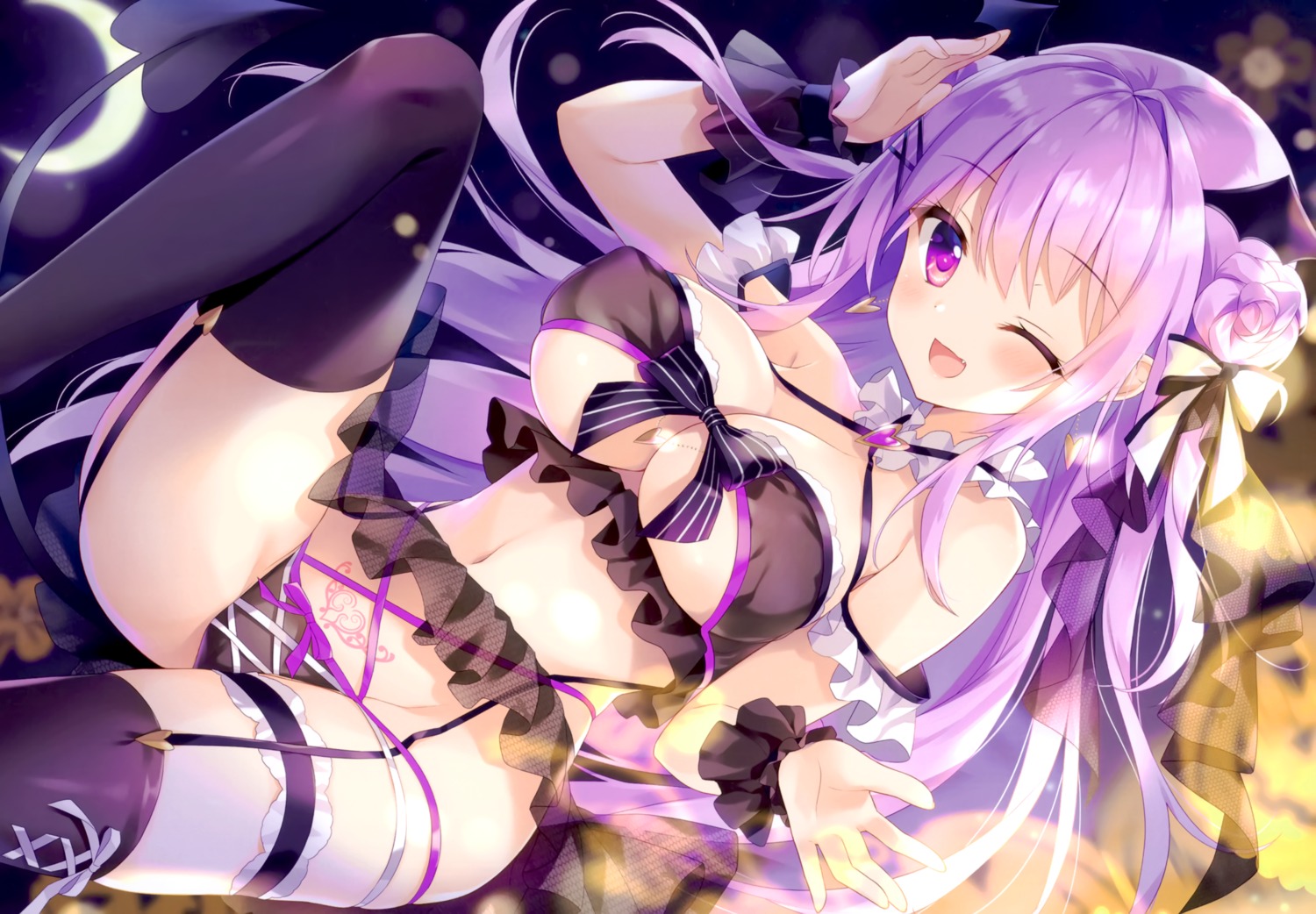 ame_nochi_yuki ameto_yuki cameltoe canele_(ameto_yuki) erect_nipples garter garter_belt halloween lingerie no_bra pantsu skirt_lift stockings tail tattoo thighhighs wings