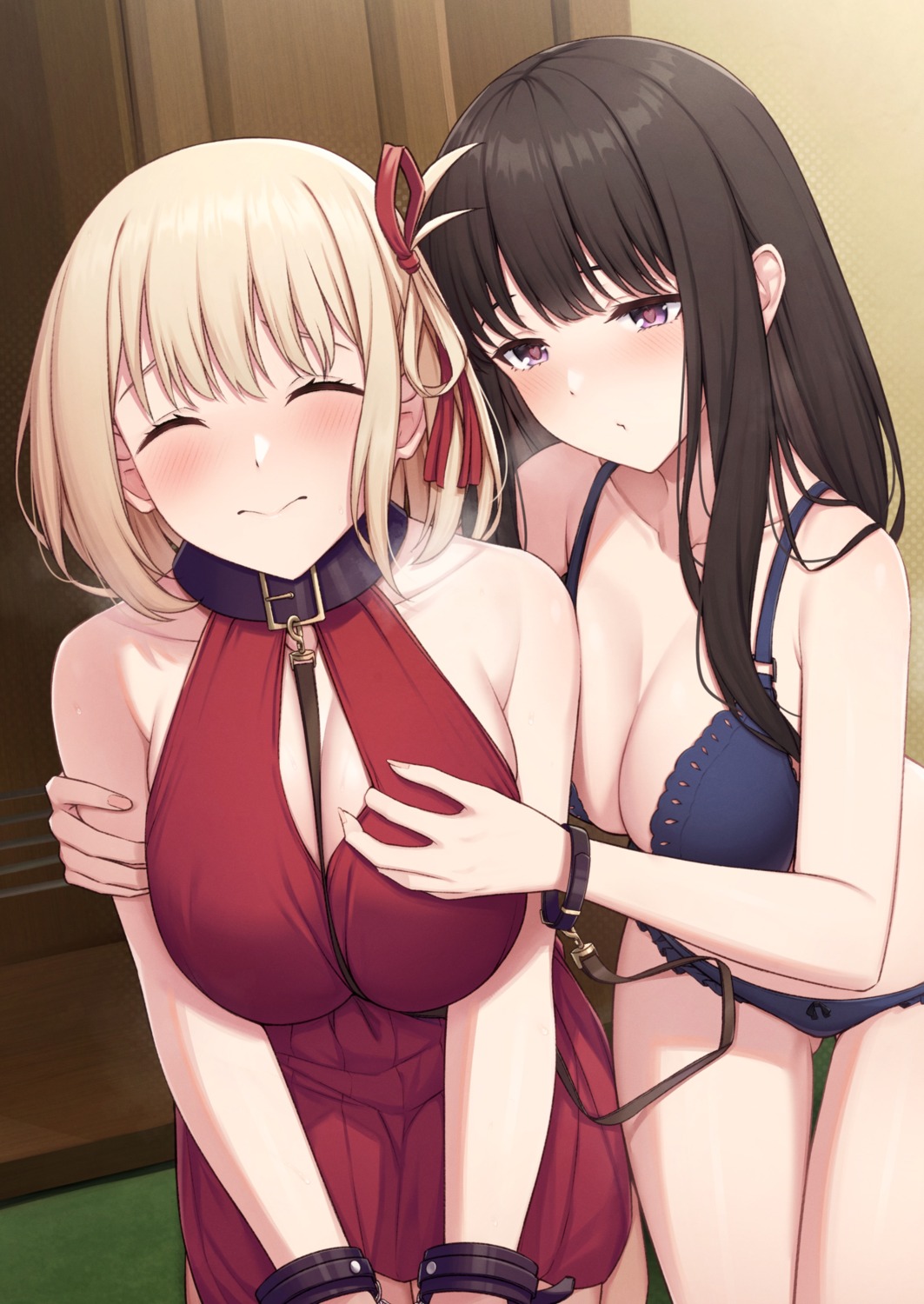 bondage bra dress fou_zi inoue_takina lycoris_recoil nishikigi_chisato no_bra pantsu undressing yuri