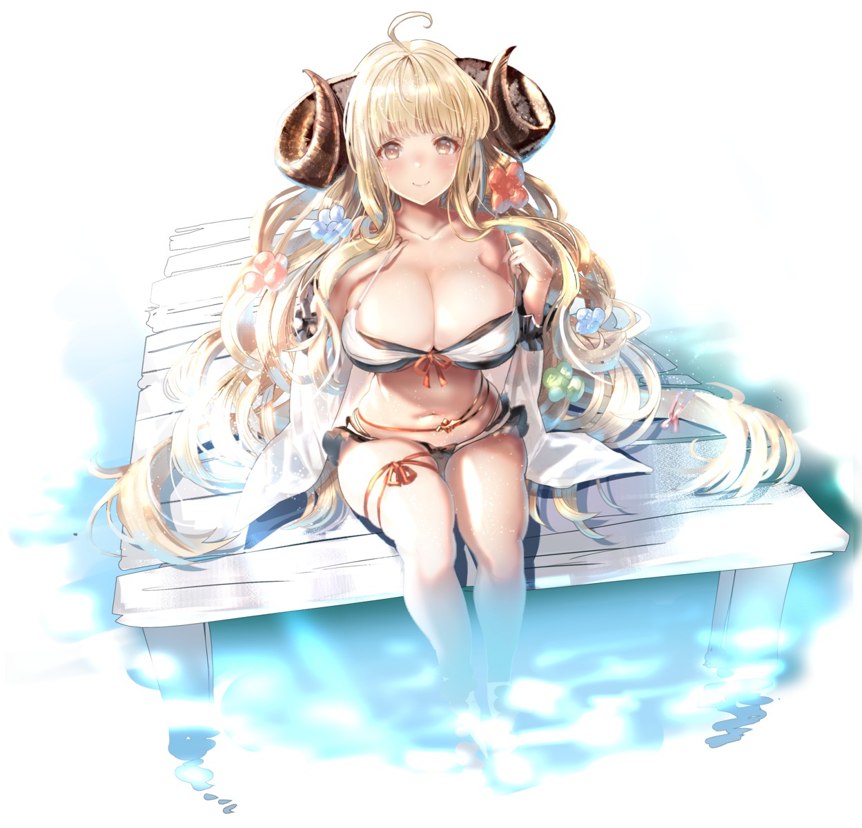 anira_(granblue_fantasy) bikini cleavage granblue_fantasy horns shimofuri swimsuits wet