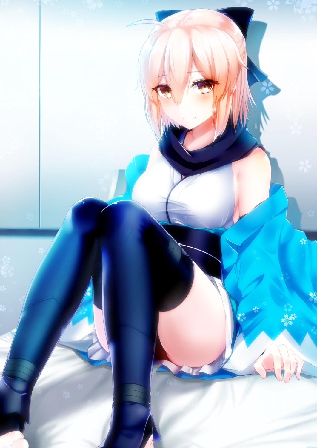 celeryma fate/grand_order japanese_clothes okita_souji_(fate) pantsu thighhighs