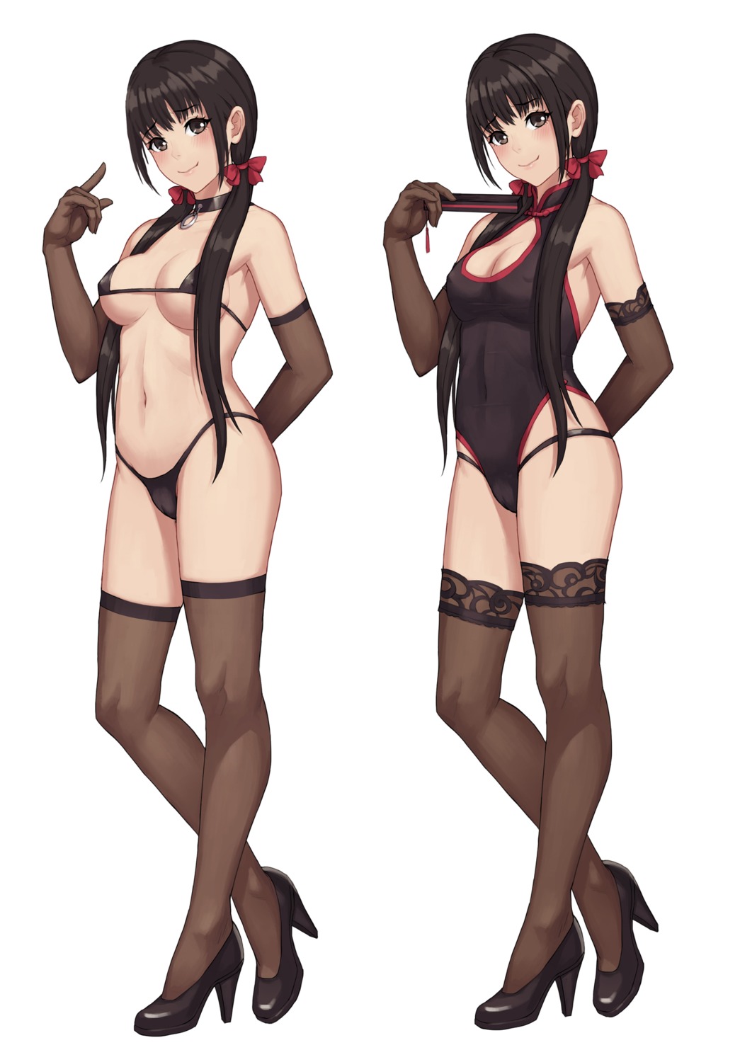 bikini cameltoe character_design cleavage erect_nipples heels mool_yueguang swimsuits thighhighs