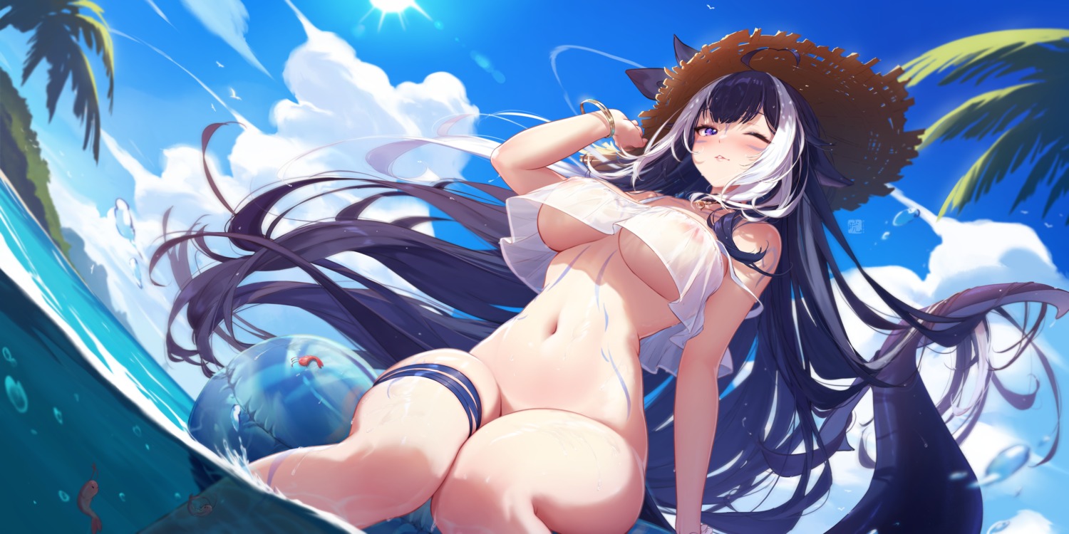 animal_ears bikini_top bottomless garter indie_virtual_youtuber mitsu_(mitsu_art) nipples see_through shylily swimsuits tail tattoo wet wet_clothes