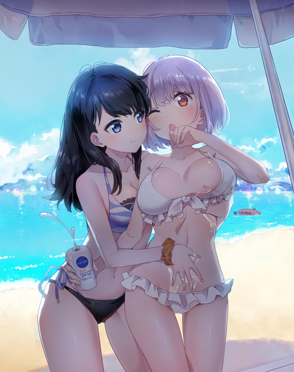 bikini breast_grab cleavage cream shinjou_akane ssss.gridman swimsuits takarada_rikka usamin yuri