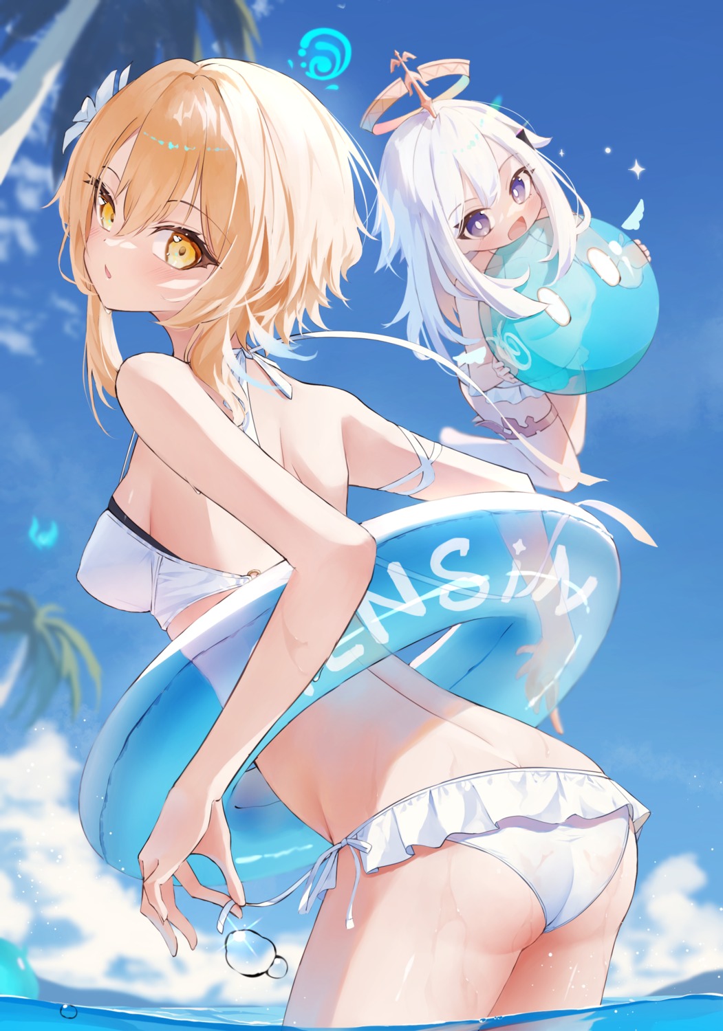 ass bikini erect_nipples garter genshin_impact lumine paimon panty_pull shun'ya_(daisharin36) swimsuits undressing wet