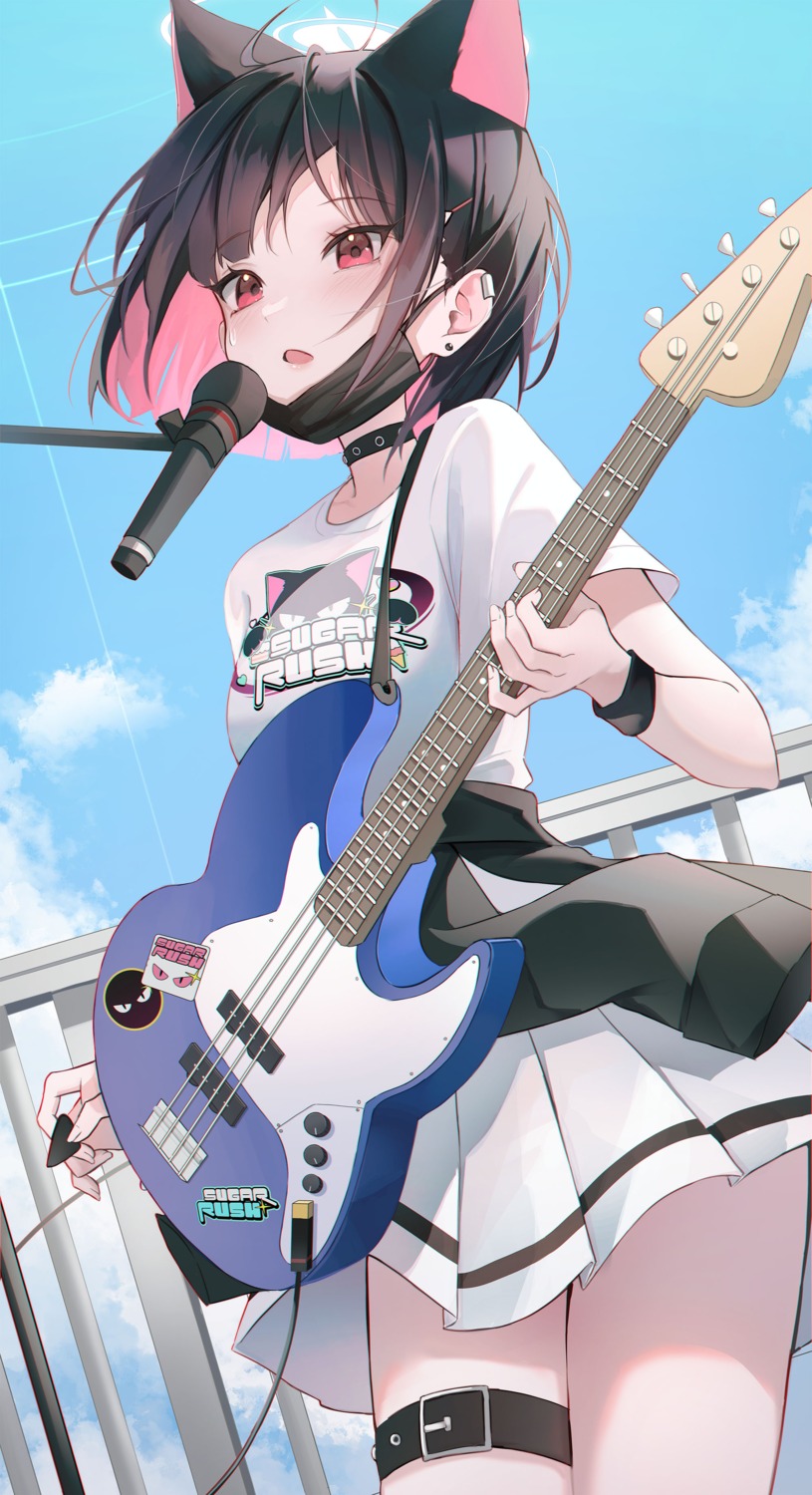 animal_ears blue_archive e_name garter guitar halo kyouyama_kazusa nekomimi seifuku skirt_lift uniform