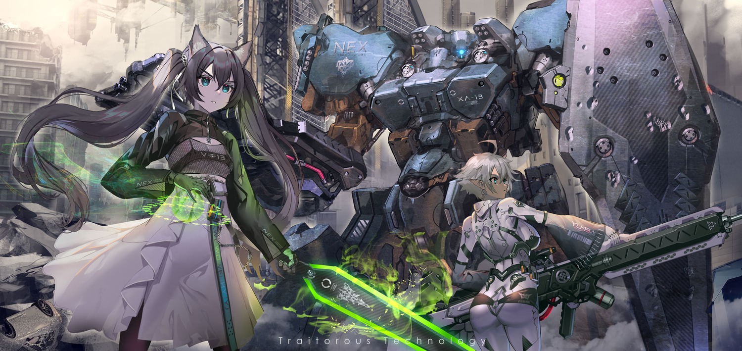 animal_ears ass dress fishnets gun mecha nekomimi pantyhose pointy_ears sword tagme