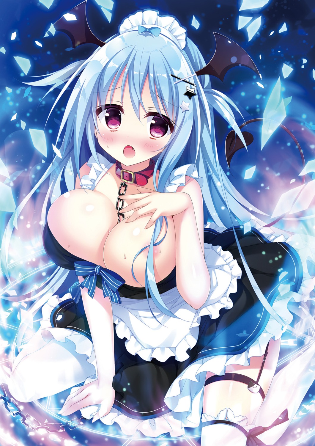 areola bondage breast_hold cleavage dress garter maid shiromochi_sakura tail thighhighs wet wings