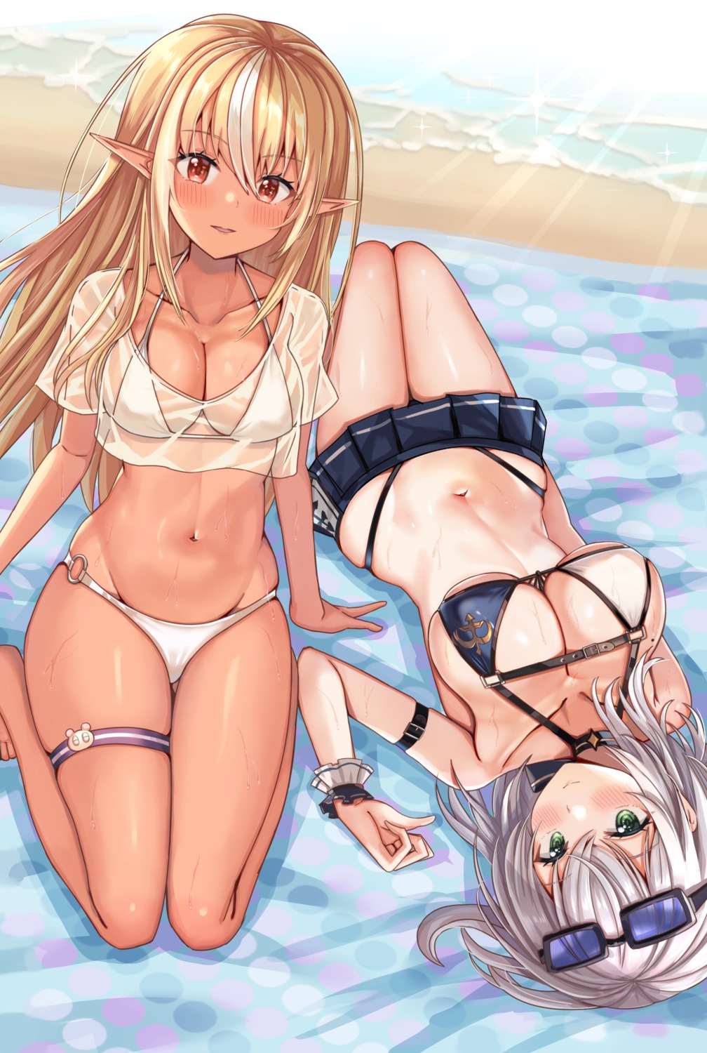 bikini elf garter hololive megane nootomo pointy_ears see_through shiranui_flare shirogane_noel swimsuits wet wet_clothes