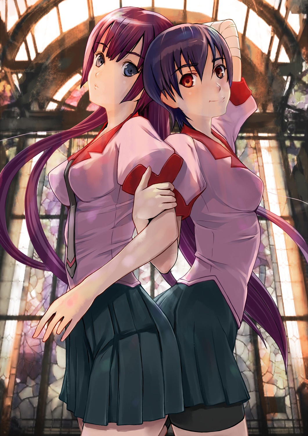 bakemonogatari bike_shorts kanbaru_suruga marubeni monogatari_(series) seifuku senjougahara_hitagi