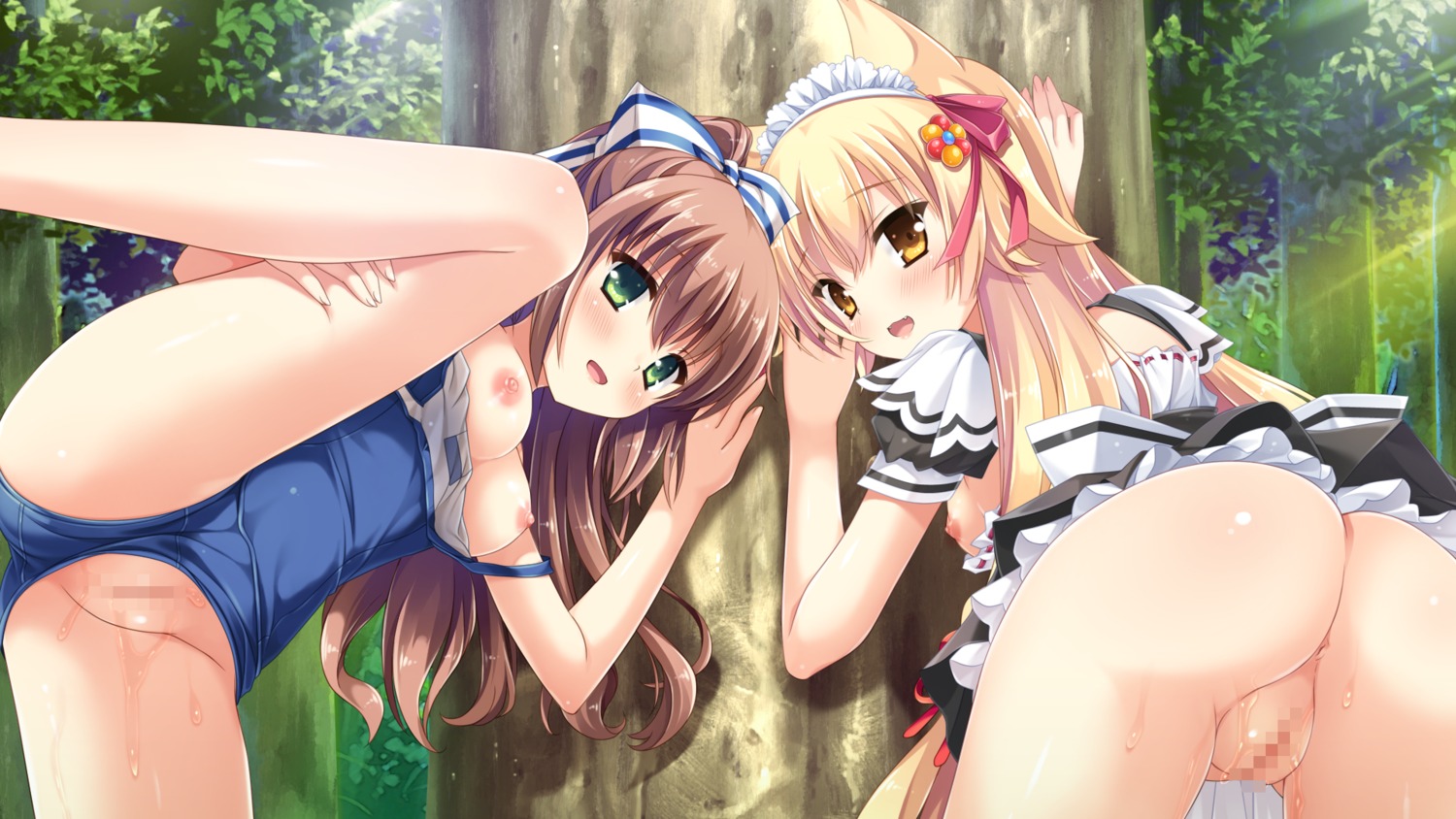 animal_ears anus ass breasts censored game_cg hulotte ikegami_akane maid nekomimi nipples no_bra nopan open_shirt pussy pussy_juice school_swimsuit shindou_meika skirt_lift swimsuits tamano_yui yome_sagashi_ga_hakadori_sugite_yabai.