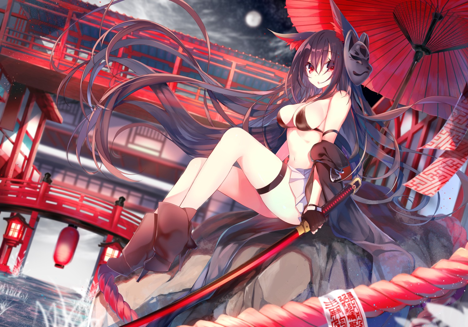 amakawa_sakko animal_ears bikini_top garter heels kitsune swimsuits sword