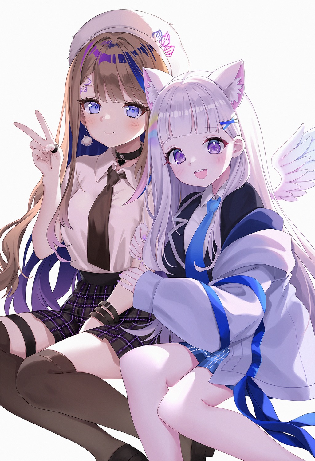 airi_kanna animal_ears ayatsuno_yuni chobi_(penguin_paradise) garter nekomimi seifuku stellive thighhighs wings