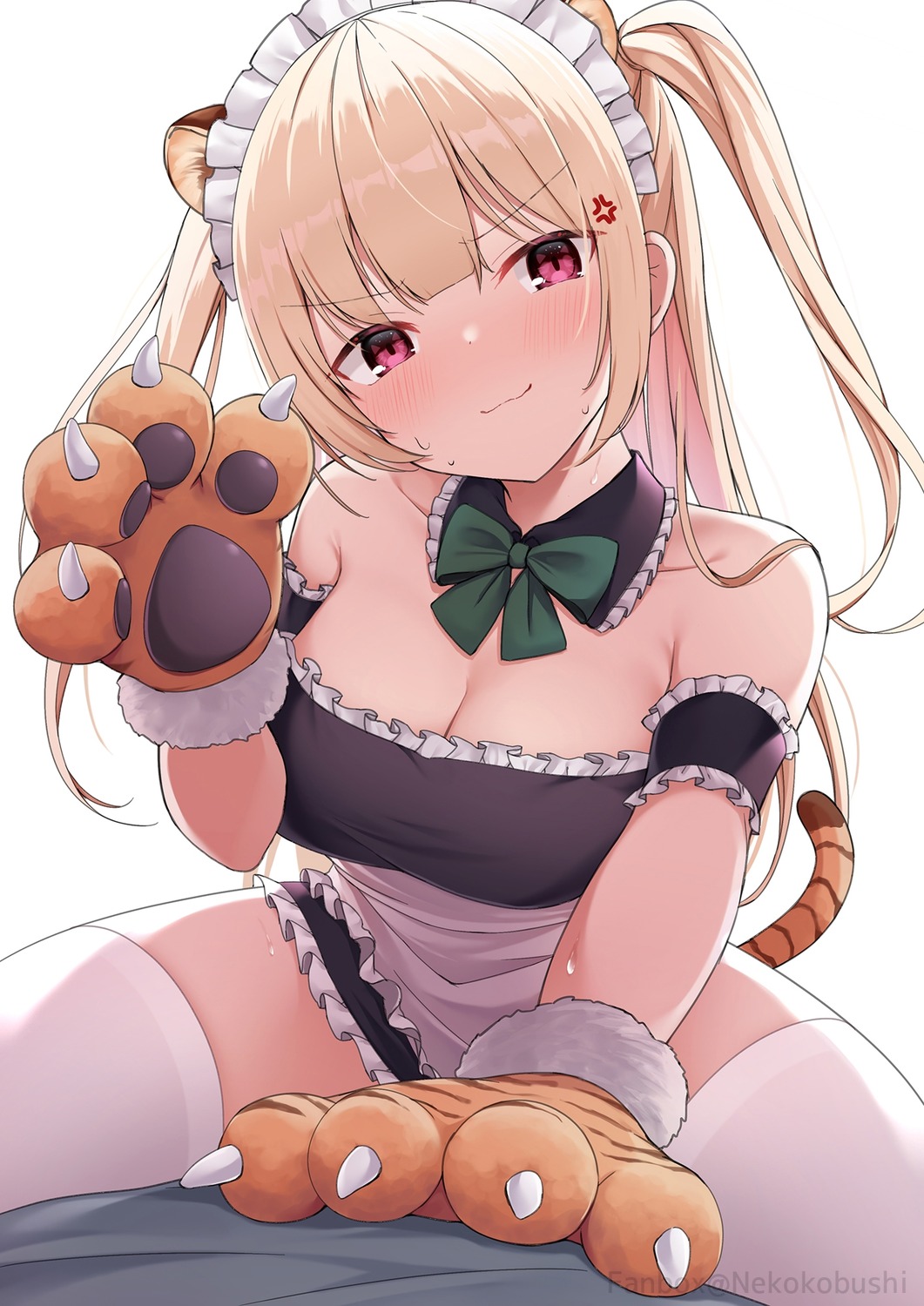 animal_ears cleavage maid nekokobushi no_bra skirt_lift tail thighhighs