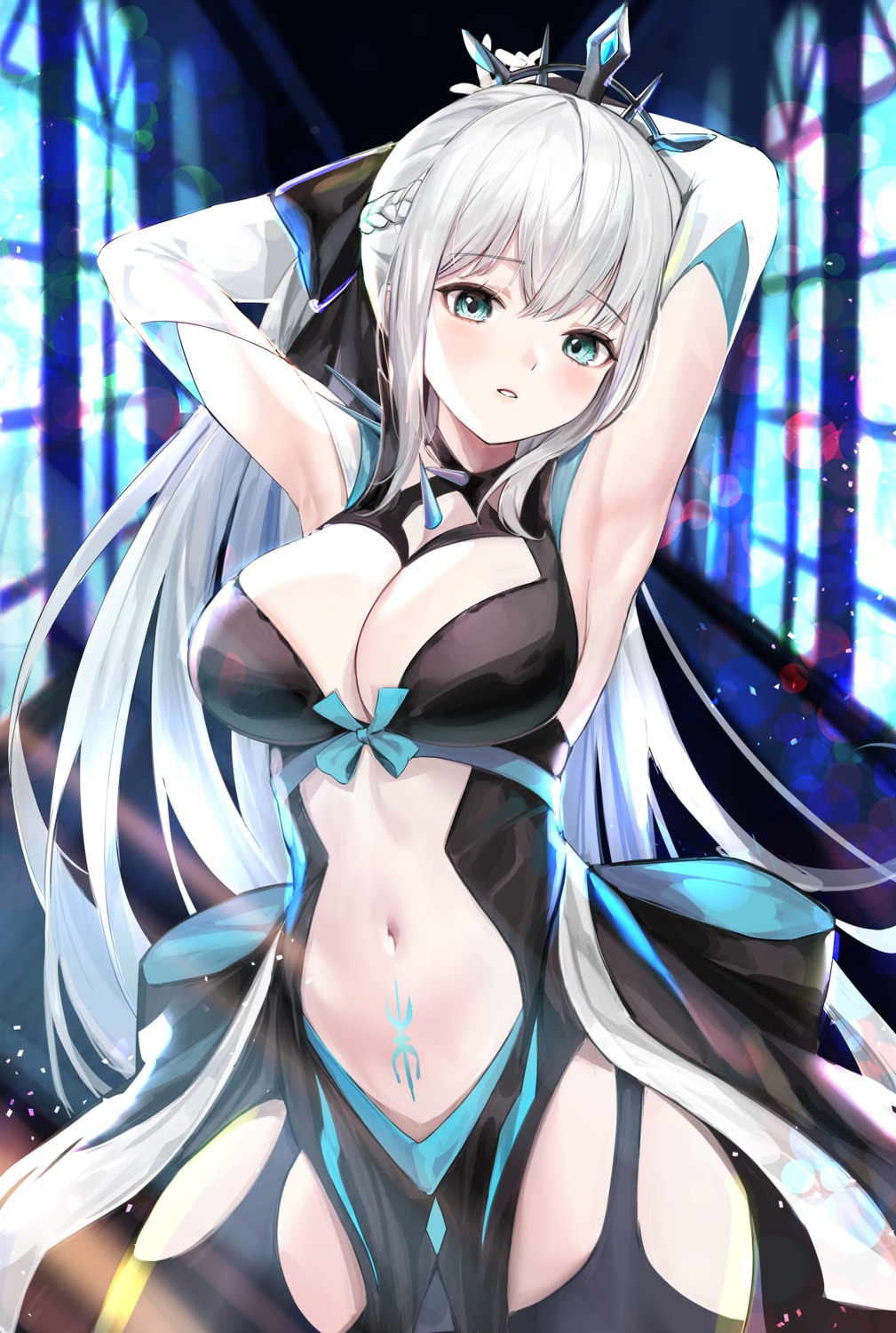 cleavage fate/grand_order lillly morgan_le_fay_(fate) no_bra stockings tattoo thighhighs
