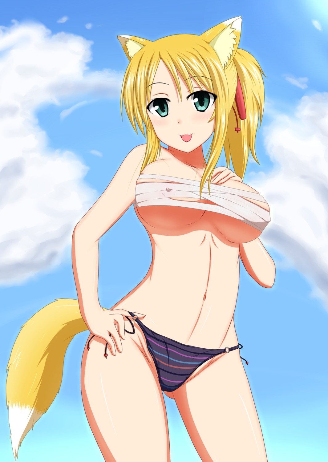 animal_ears bikini dog_days erect_nipples kitsune sarashi swimsuits tail tom-ani underboob yukikaze_panettone