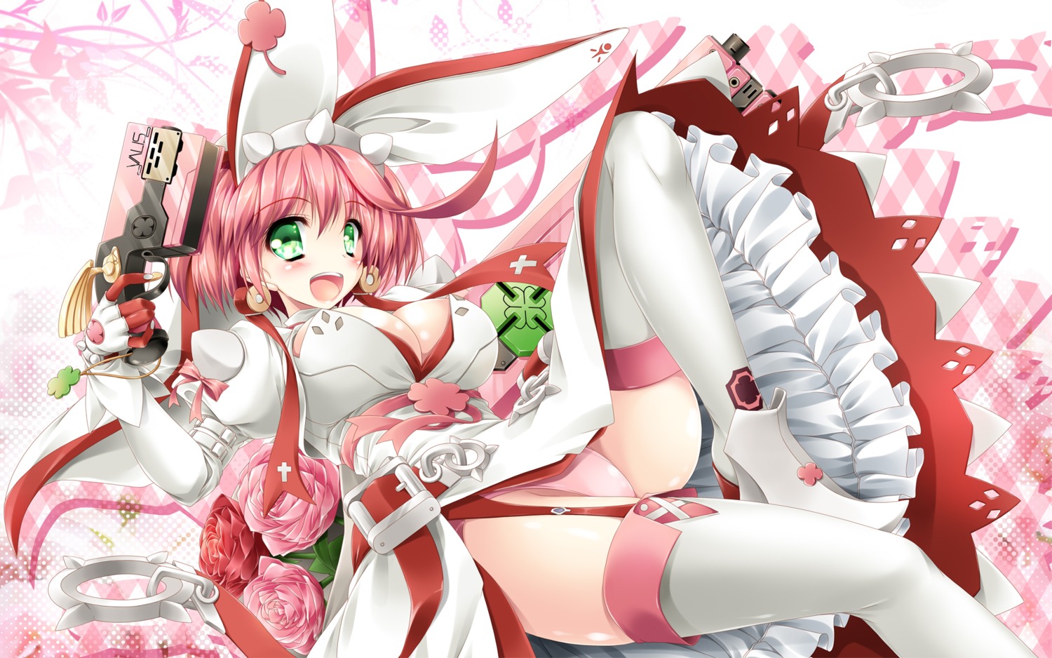 animal_ears bunny_ears cleavage elphelt_valentine guilty_gear_xrd gun heels kamiya_tomoe pantsu stockings thighhighs wallpaper