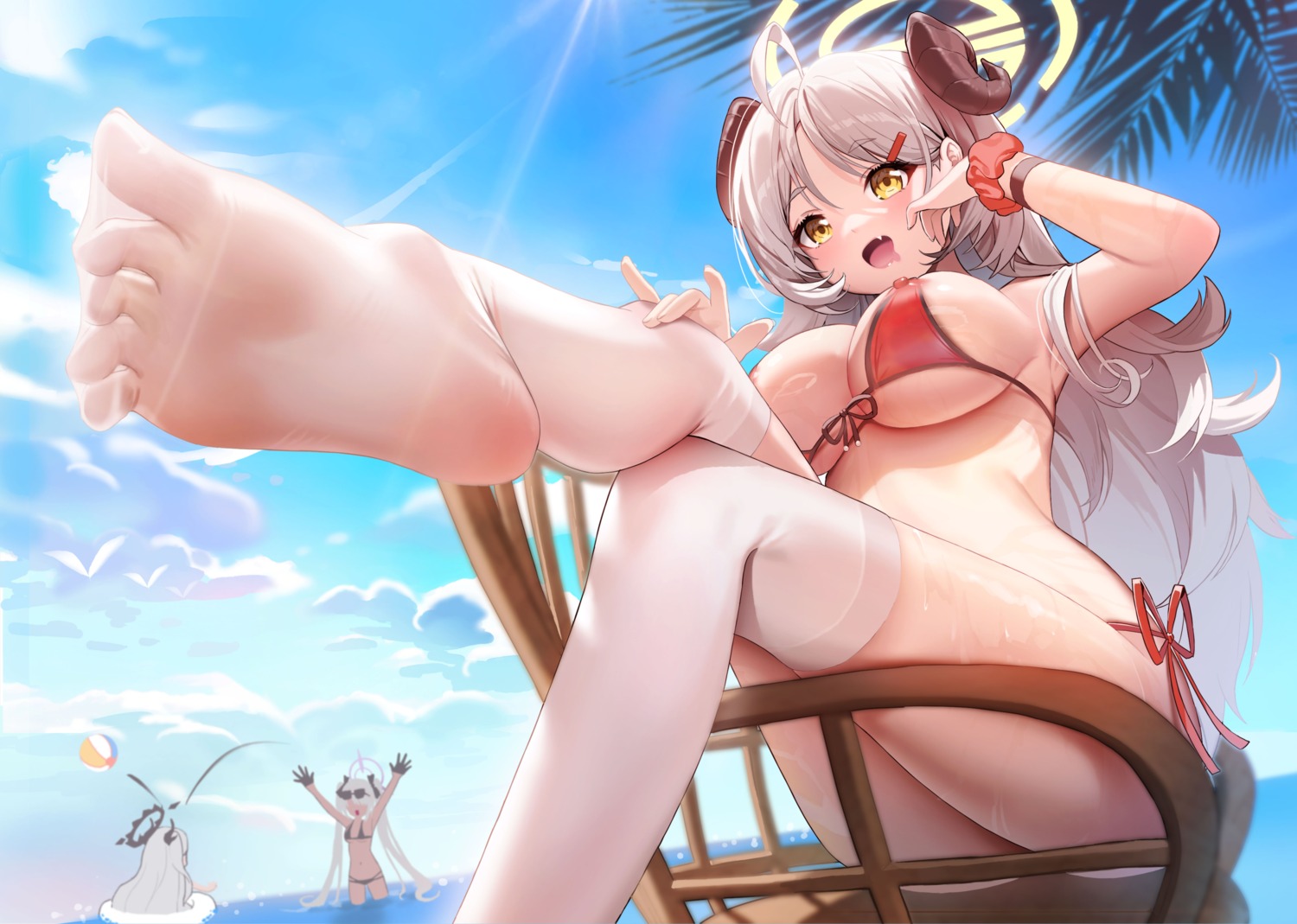 bikini blue_archive breasts feet halo horns hyoin megane nipples shiromi_iori shishidou_izumi sorasaki_hina swimsuits thighhighs wardrobe_malfunction wet