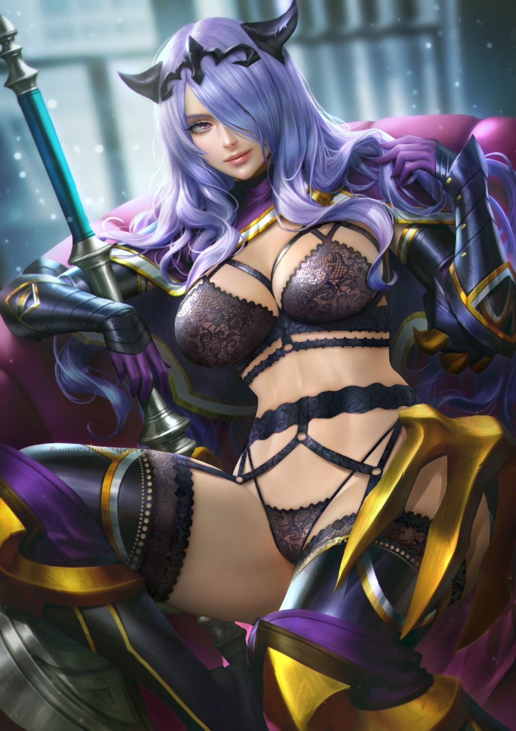 armor bra camilla fire_emblem fire_emblem_if garter_belt horns lingerie nudtawut_thongmai stockings thighhighs weapon