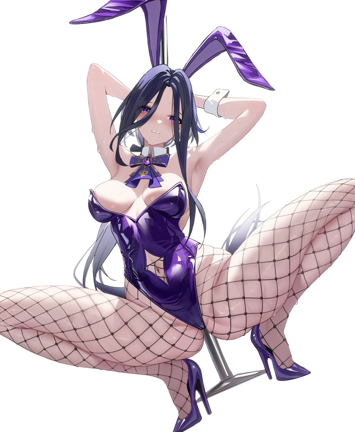 animal_ears bunny_ears bunny_girl clorinde fishnets genshin_impact heels no_bra pantyhose sylviachiu