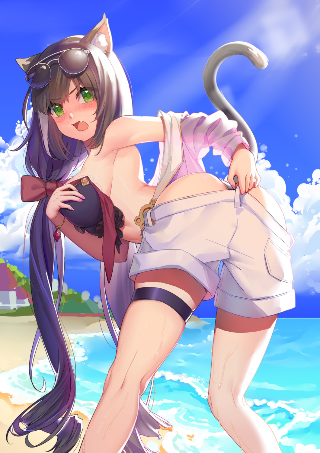 animal_ears ass bikini breast_hold clio_(dabingshi_clio_da) garter karyl_(princess_connect) megane nekomimi open_shirt princess_connect princess_connect!_re:dive see_through swimsuits tail wardrobe_malfunction wet