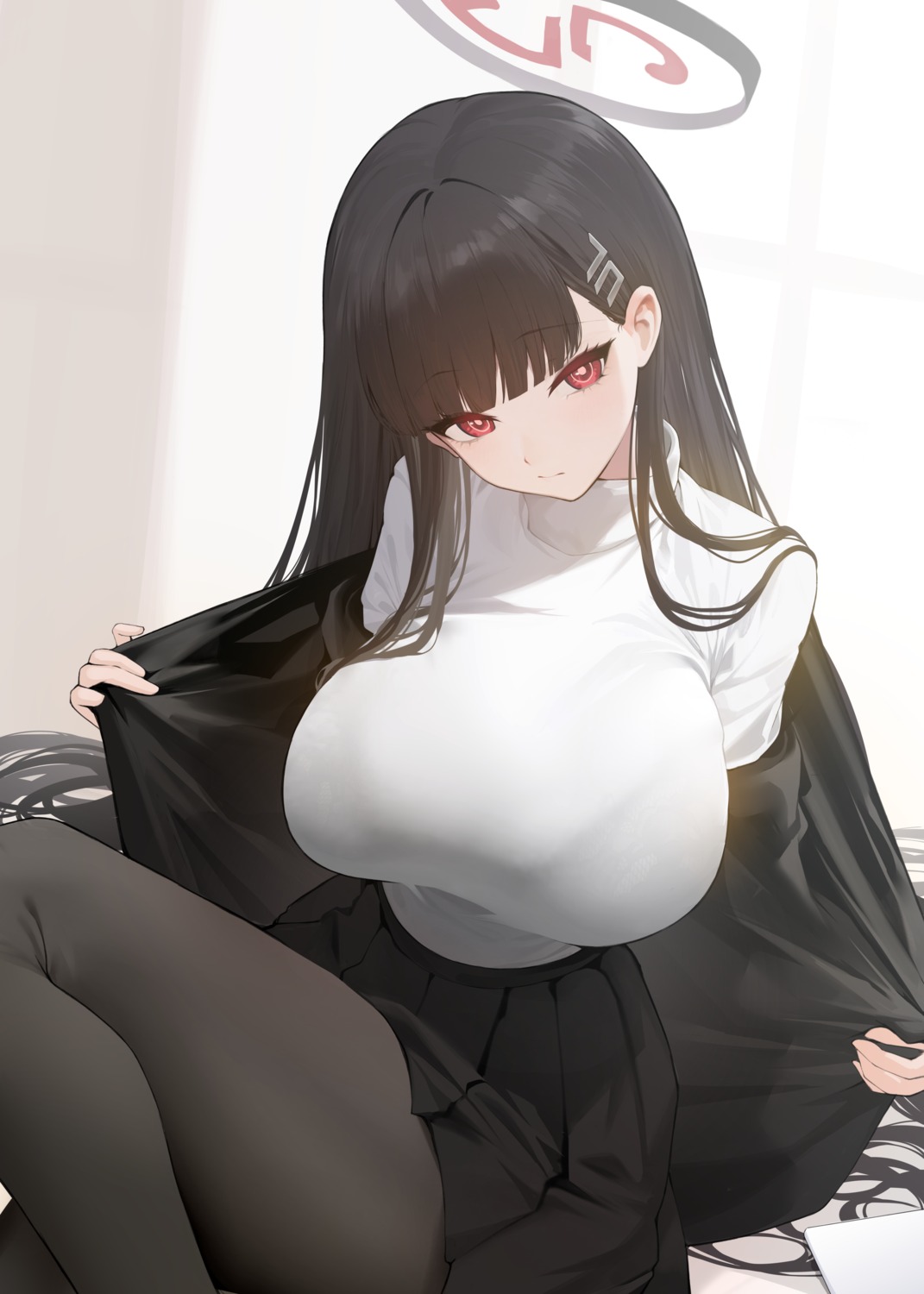 blue_archive bra business_suit halo pantyhose see_through skirt_lift sweater tsukatsuki_rio undressing xiujia_yihuizi