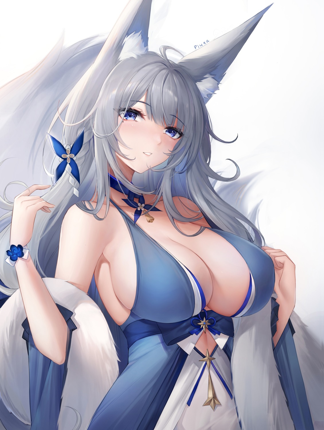 animal_ears azur_lane kitsune no_bra piuta shinano_(azur_lane) tail