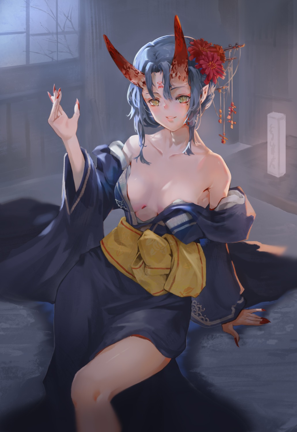 bacteria_101 horns kimono no_bra open_shirt pointy_ears tattoo