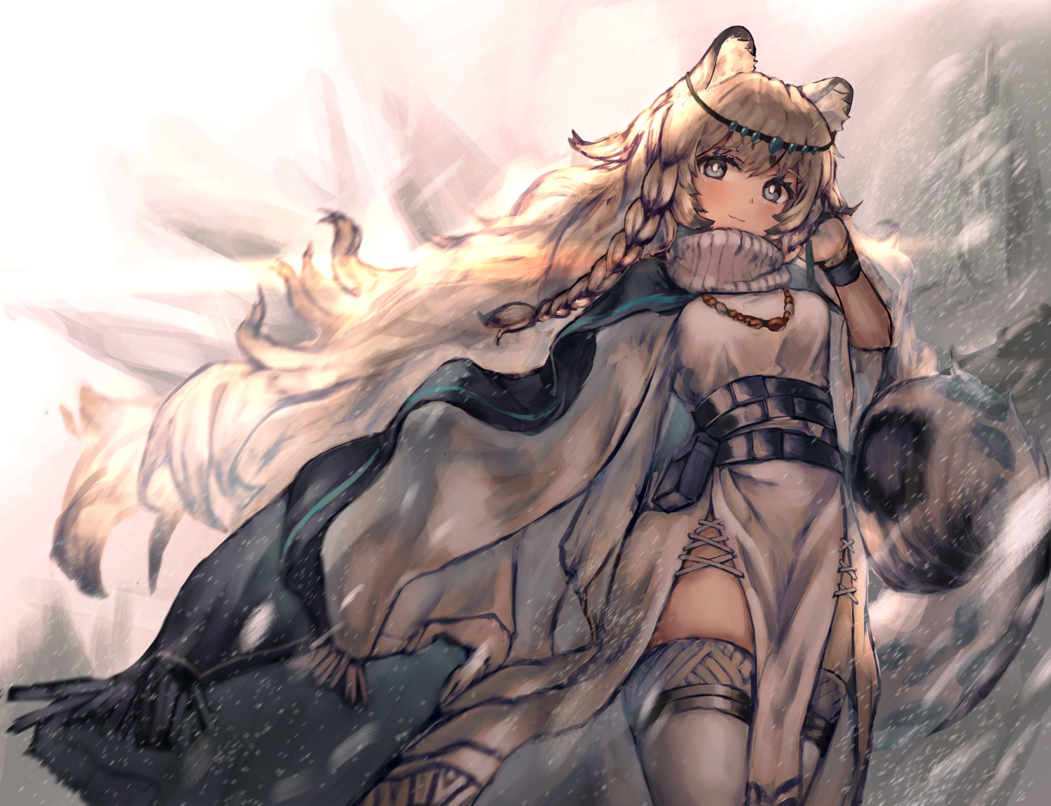 animal_ears arknights dress pramanix_(arknights) tail thighhighs yuji