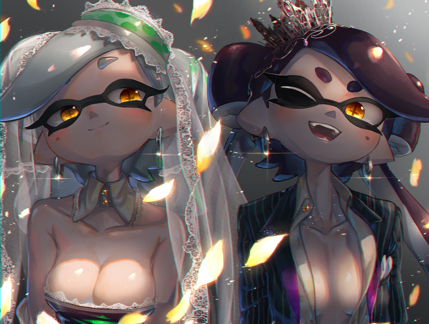 aori_(splatoon) cleavage hotaru_(splatoon) kashu_(hizake) no_bra open_shirt pointy_ears splatoon