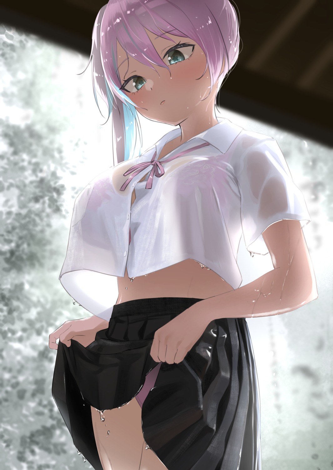 bra pantsu see_through seifuku skirt_lift tama_(seiga46239239) wet wet_clothes