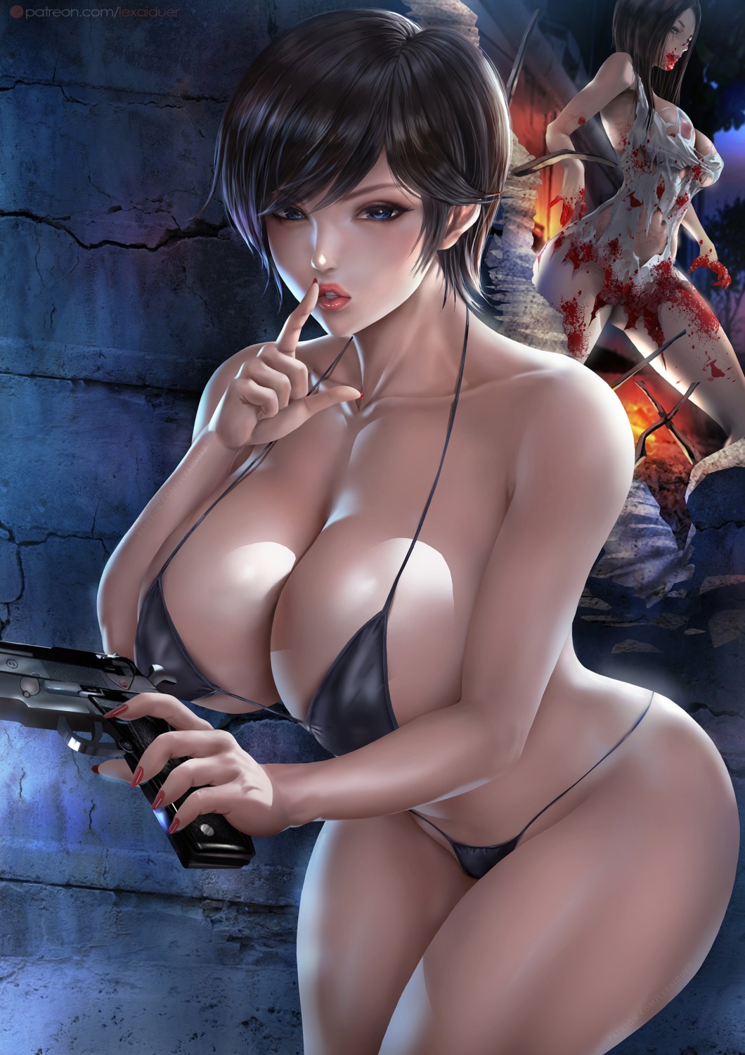 bikini blood bottomless gun lexaiduer nipples no_bra rebecca_chambers resident_evil swimsuits torn_clothes