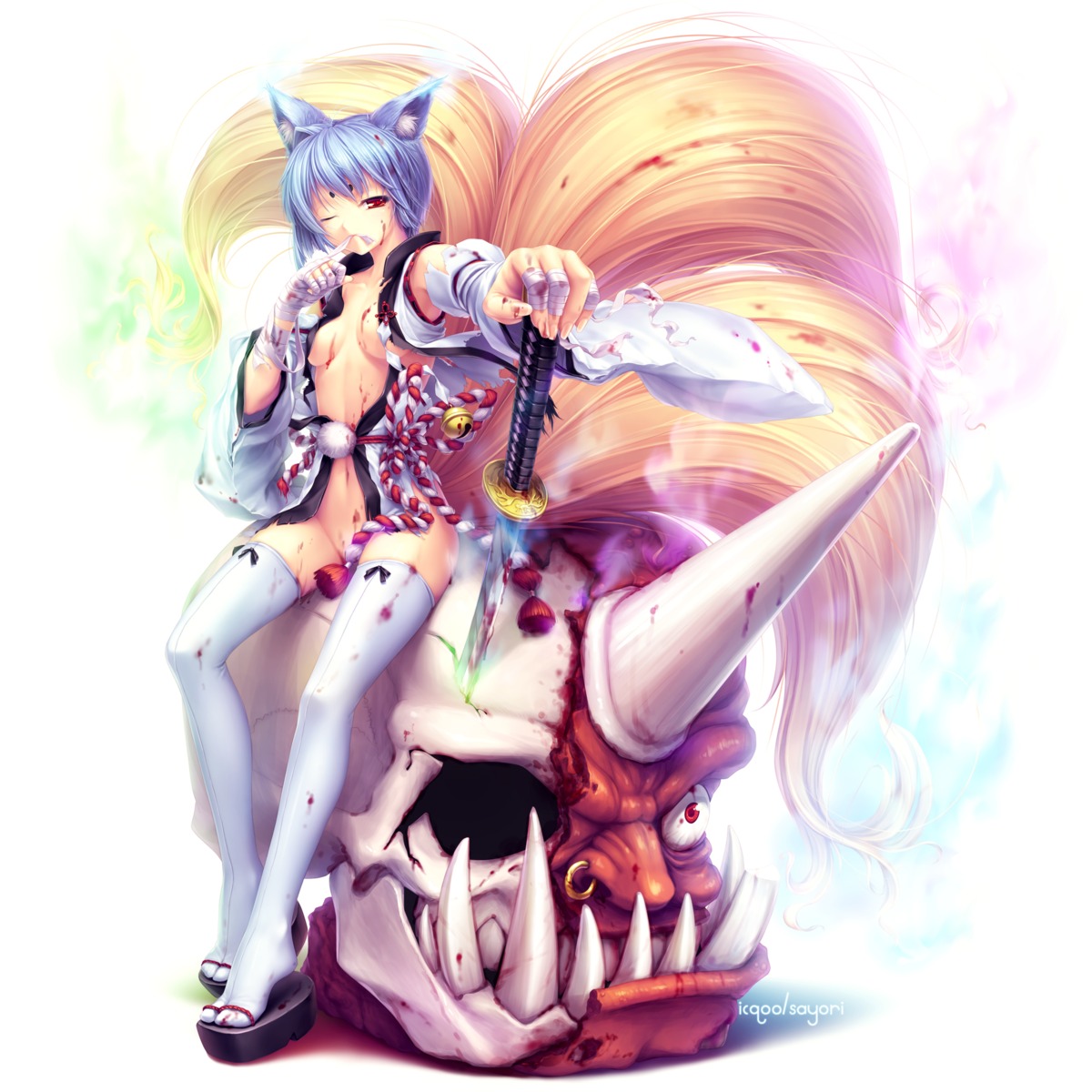 animal_ears blood icqoo nopan open_shirt sayori sword thighhighs