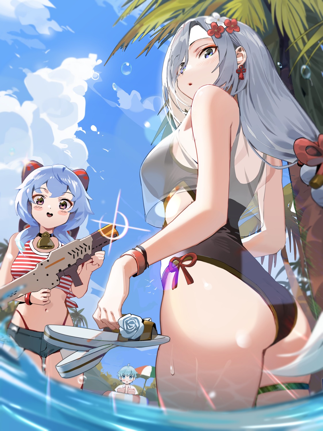 ass bikini chongyun ganyu garter genshin_impact gun horns kawa683 see_through shenhe swimsuits wet