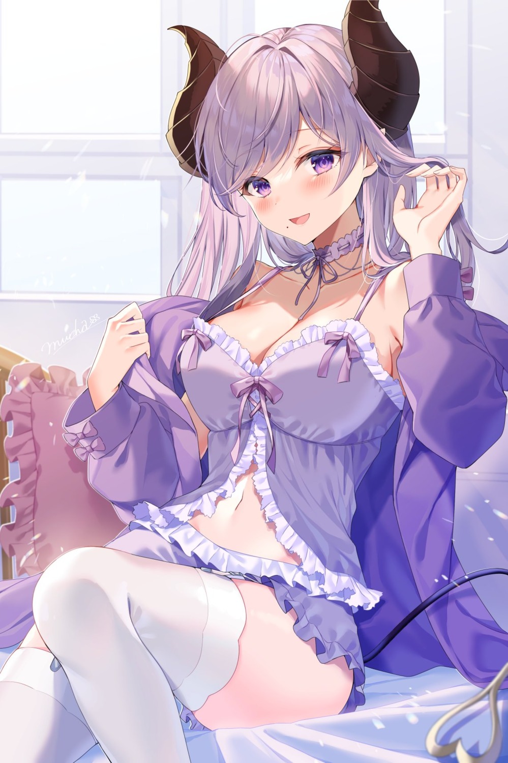 honey_strap horns lingerie myusha nanashi_inc. pointy_ears saionji_mary tail thighhighs undressing