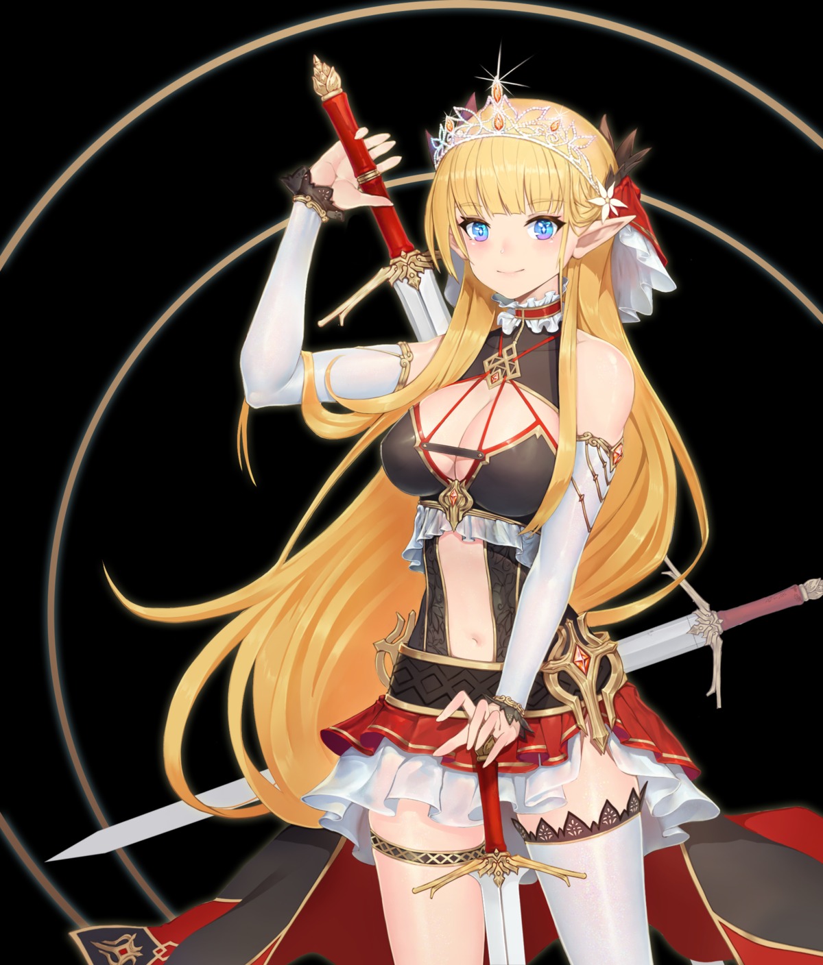 cleavage doha_skylightscent garter no_bra pointy_ears see_through sword thighhighs