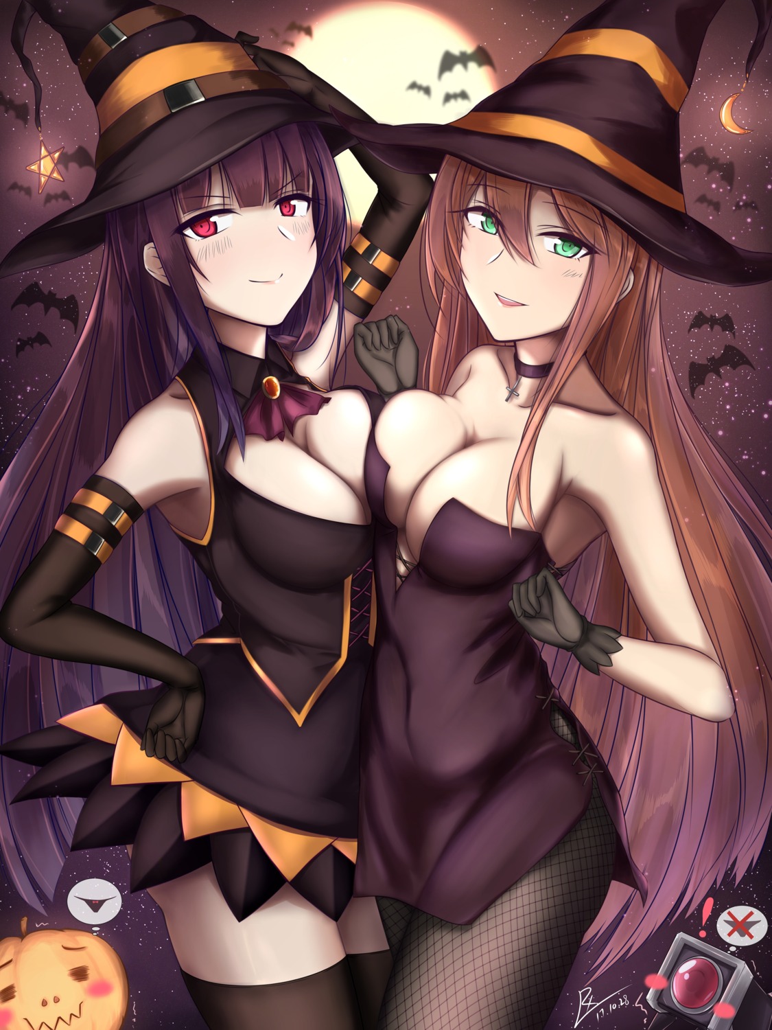 cleavage dress fishnets girls_frontline halloween no_bra pantyhose springfield_(girls_frontline) symmetrical_docking thighhighs wa2000_(girls_frontline) witch zhishi_ge_fangzhang