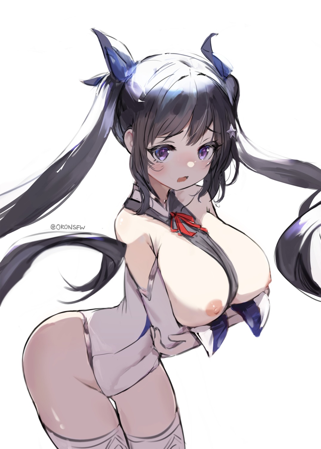 breast_hold breasts leotard nipples no_bra orobou thighhighs