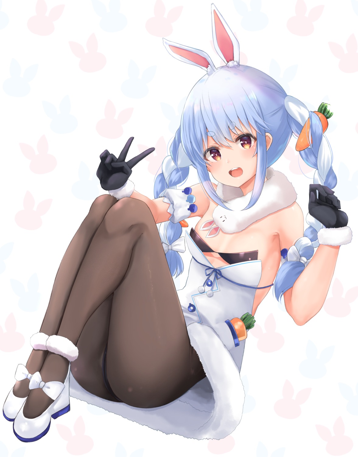 animal_ears bunny_ears bunny_girl hololive neneru no_bra pantyhose skirt_lift usada_pekora