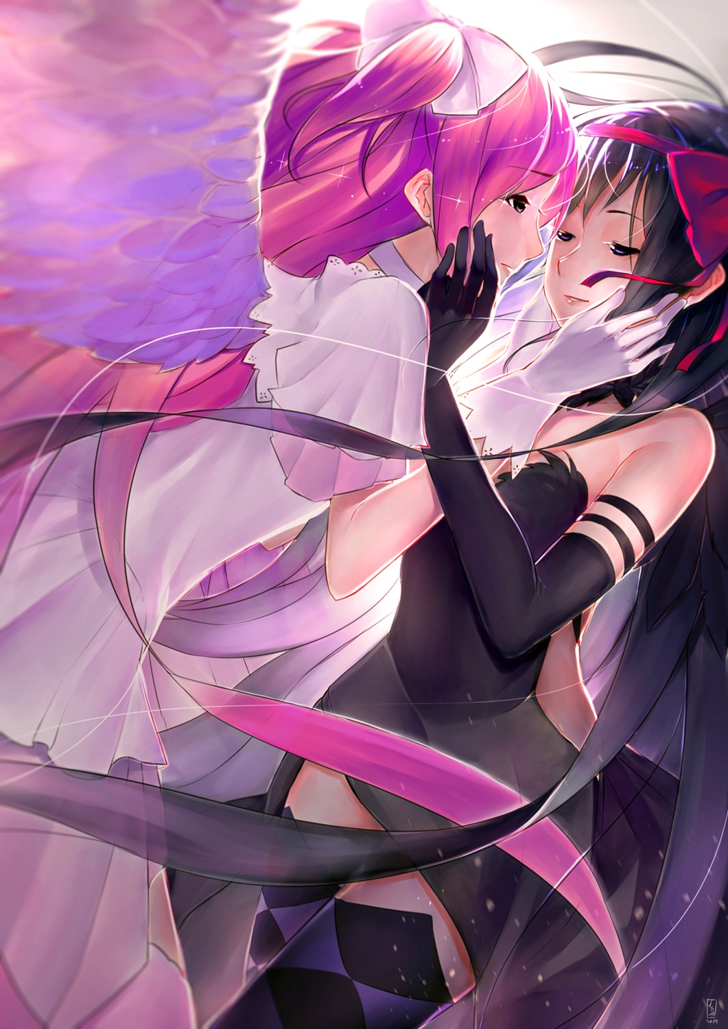 akemi_homura cleavage dress jun_project kaname_madoka mahou_shoujo_madoka_magica no_bra thighhighs ultimate_madoka wings yuri