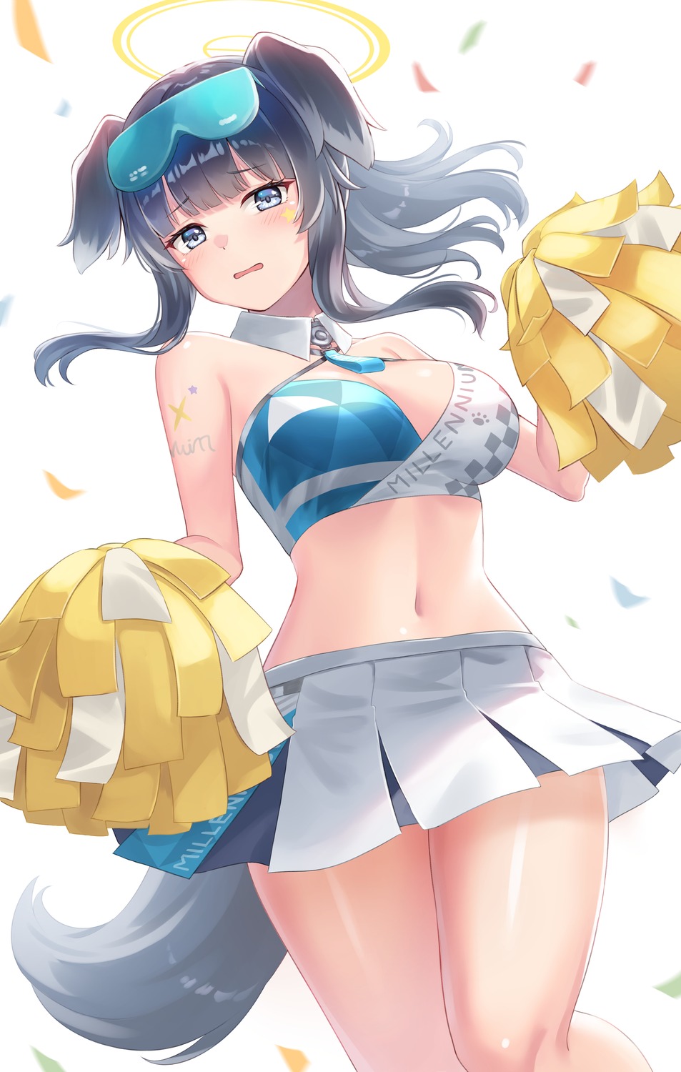 animal_ears blue_archive cheerleader halo inumimi nekozuka_hibiki no_bra sebu_illust tail tattoo