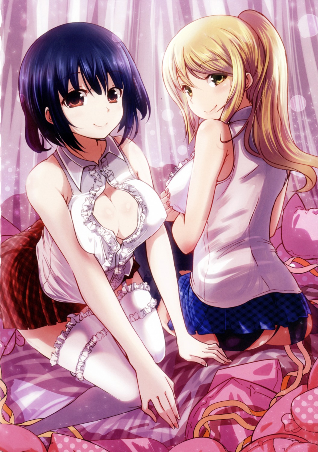 breast_hold cleavage no_bra open_shirt pantsu sawano_akira screening stockings thighhighs thong