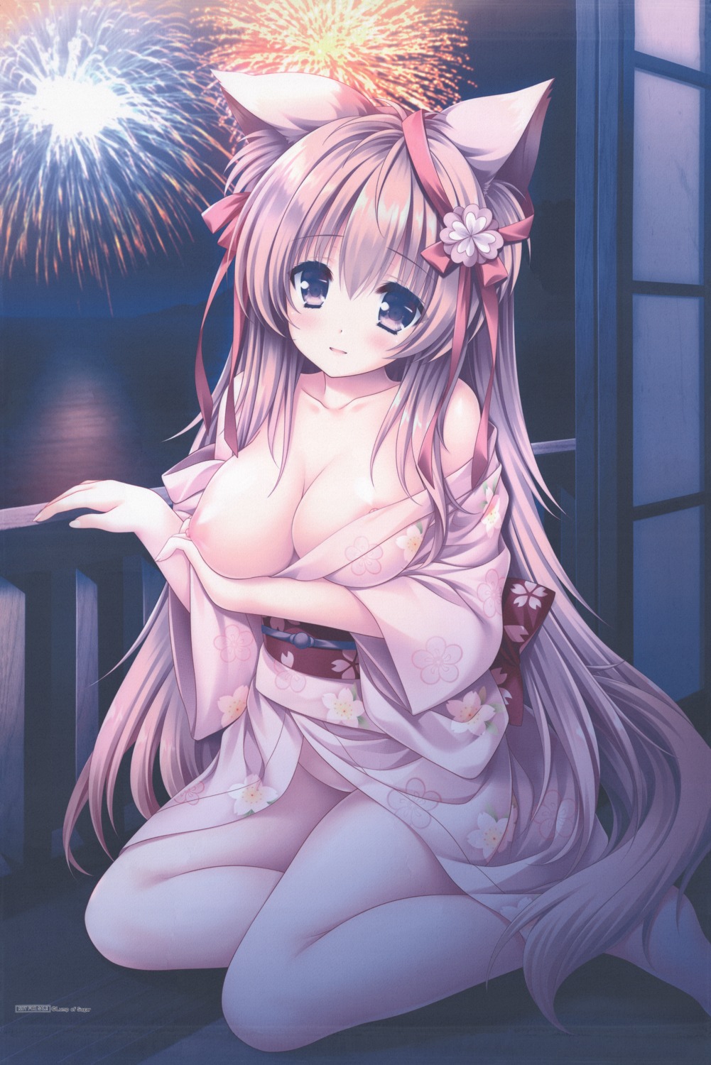 animal_ears breasts fixme lump_of_sugar mito_mashiro moekibara_fumitake nipple_slip nipples no_bra nopan open_shirt raw_scan skirt_lift tayutama tayutama_2 yukata